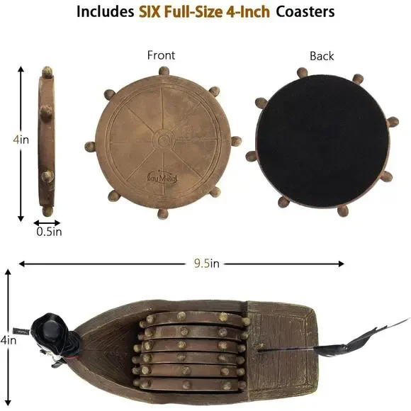 Pirate Ship Coasters Set of 6, Full Size Rustic Coaster in Handmade Canoe, Cute - Picture 3 of 7